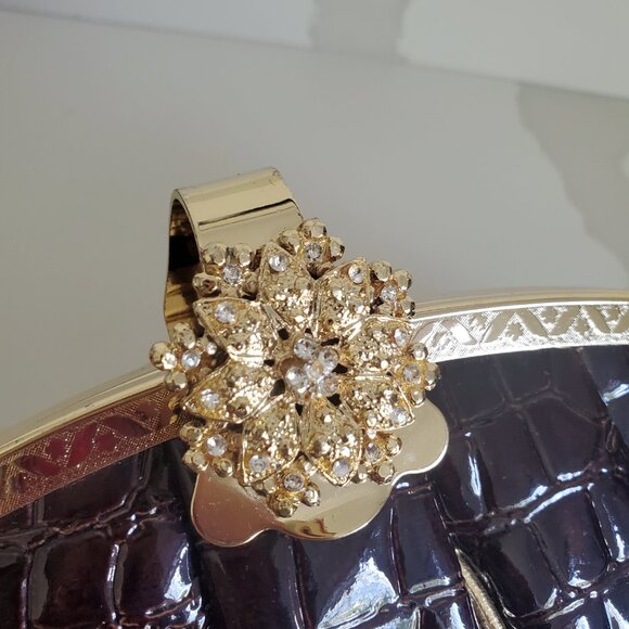 Vintage Brown Croc Evening Bag Clutch Bejewelled Clasp Optional Long Strap - Picture 12 of 12